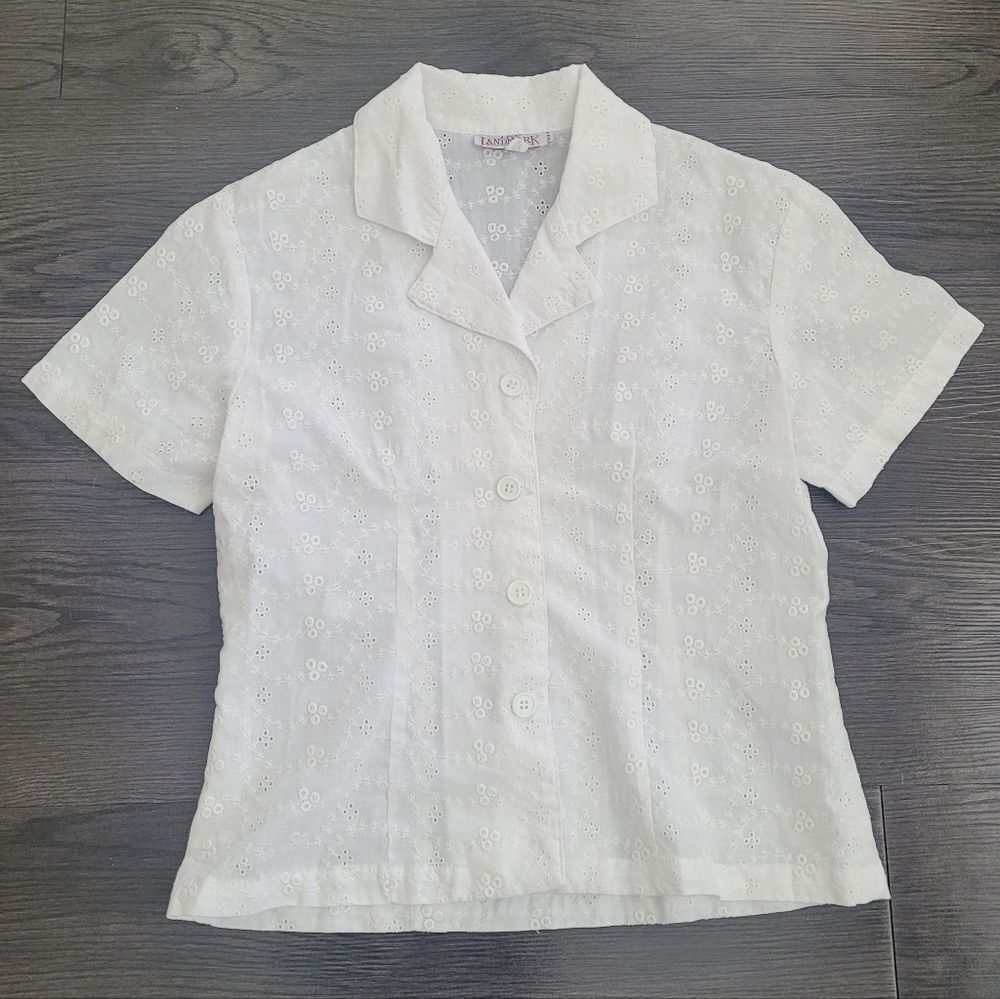 Vintage The Landmark White Eyelet Lace Button Down Shirt Size Small Cottagecore
